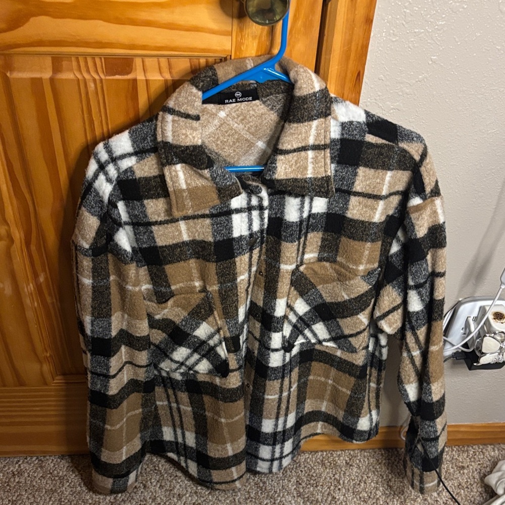 Madewell Plaid Teddy Jacket in Black, White, and Tan